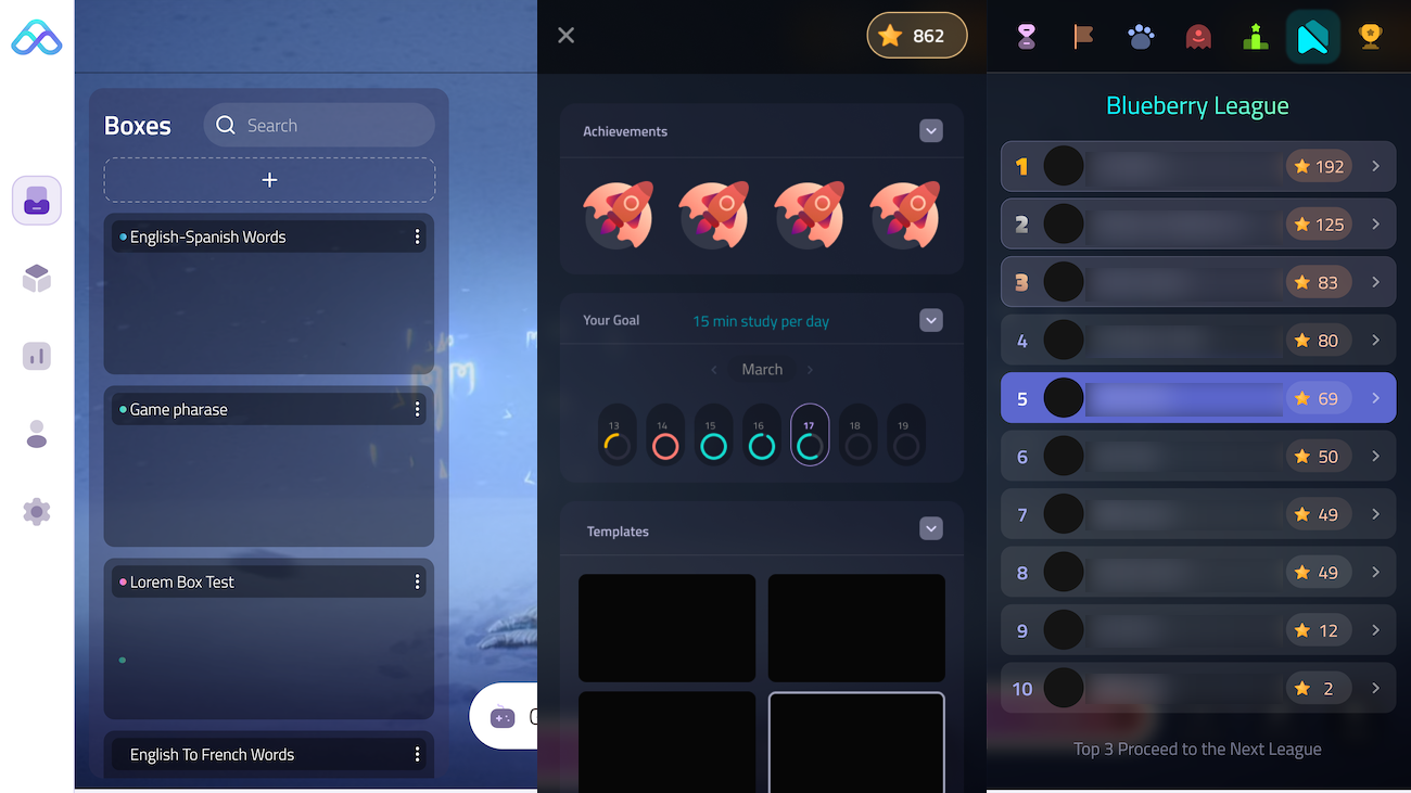 Gamification with points, levels and rewards in Mindomax